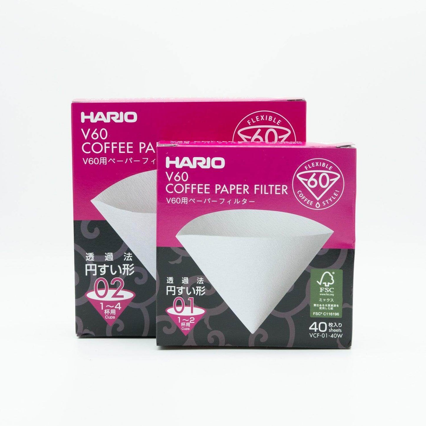 Produktbild auf welchem die Hario Filter in der Größe 01 und 02 zu sehen sind.